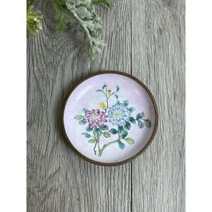 Vintage Enamel Coated Trinket Dish Pink Floral Country Cottage 3”